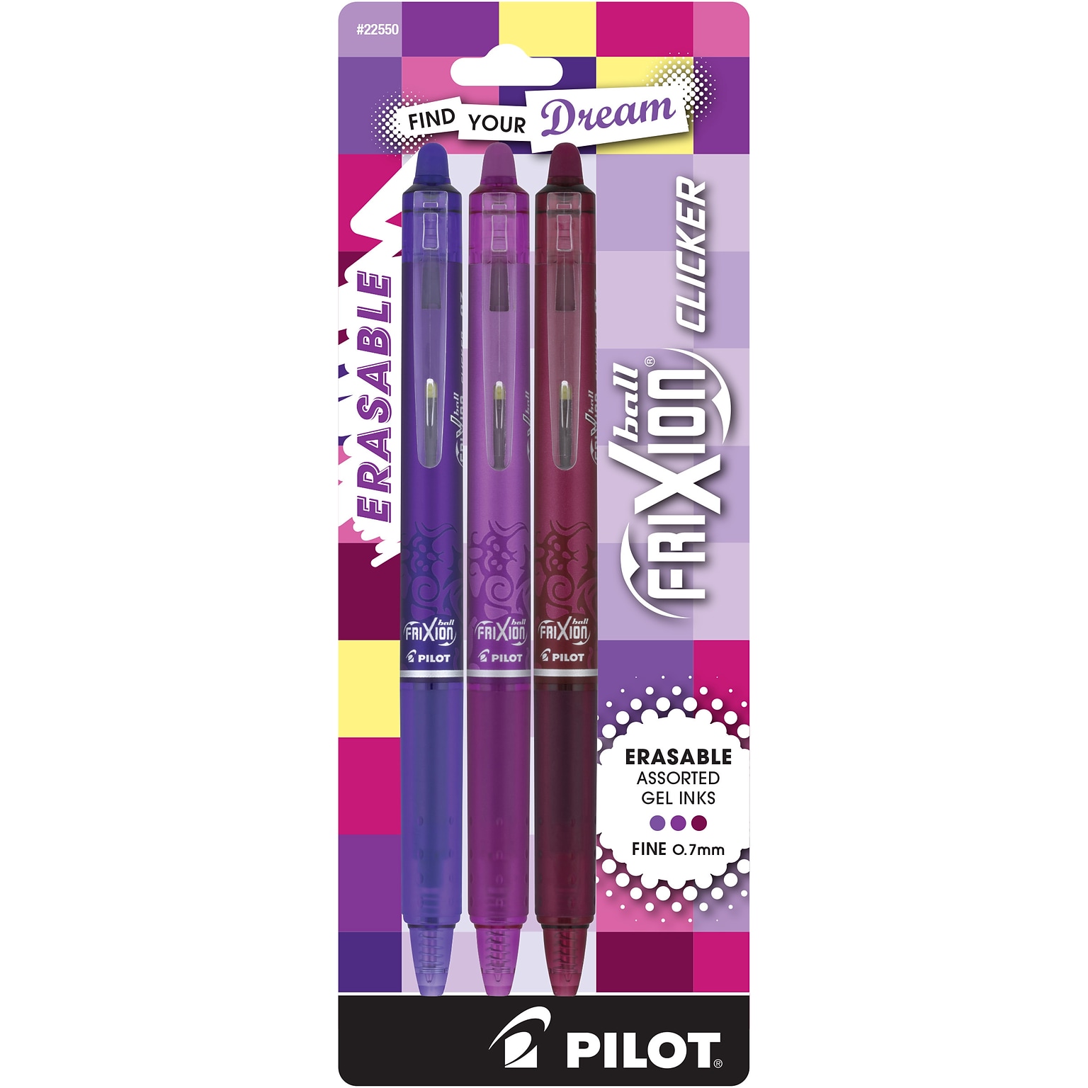 Pilot FriXion Clicker Vibe Erasable Gel Pen, Fine Point, 0.7mm, Assorted Ink, 3/Pack (FXCC3010F)