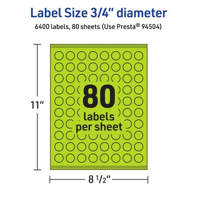 Avery Laser/Inkjet Multipurpose Circle Labels, 0.75" Dia., Bright Green, 6400/Box (94504)