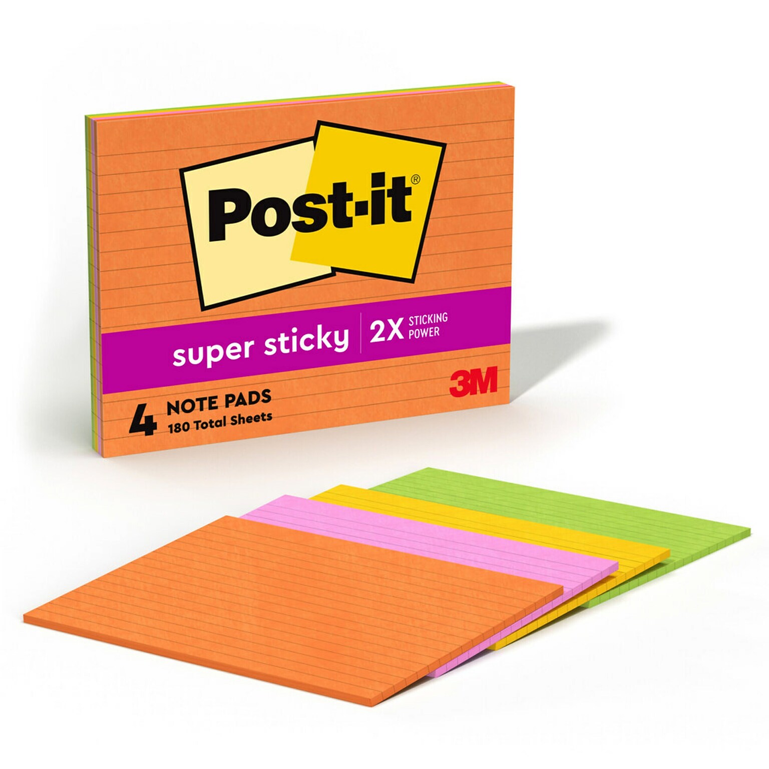 Post-it Super Sticky Notes, 8 x 6, Energy Boost Collection, Lined, 45 Sheet/Pad, 4 Pads/Pack (6845-SSPL)