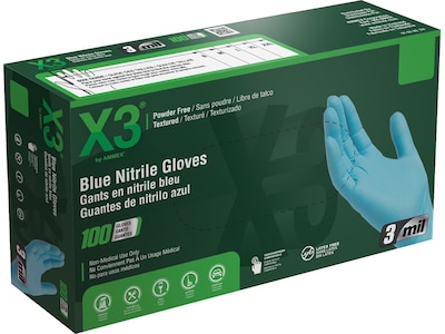 Ammex X3 Nitrile Gloves, Medium, Blue, 100/Box, 10 Boxes/Carton (X344100XX)