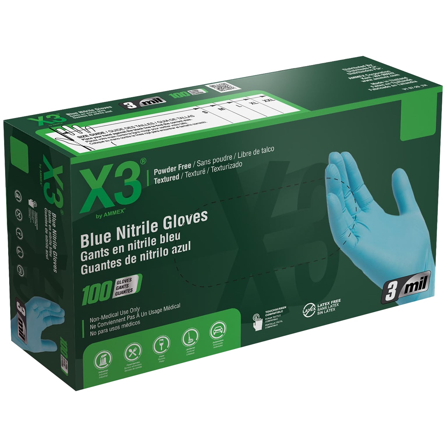 Ammex X3 Nitrile Gloves, Large, Blue, 100/Box (X346100)