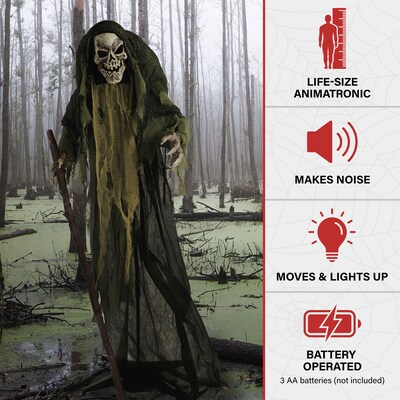 Haunted Hill Farm Life-Size Animatronic Skeleton Reaper Holding Staff (HHSKEL-7FLSA)