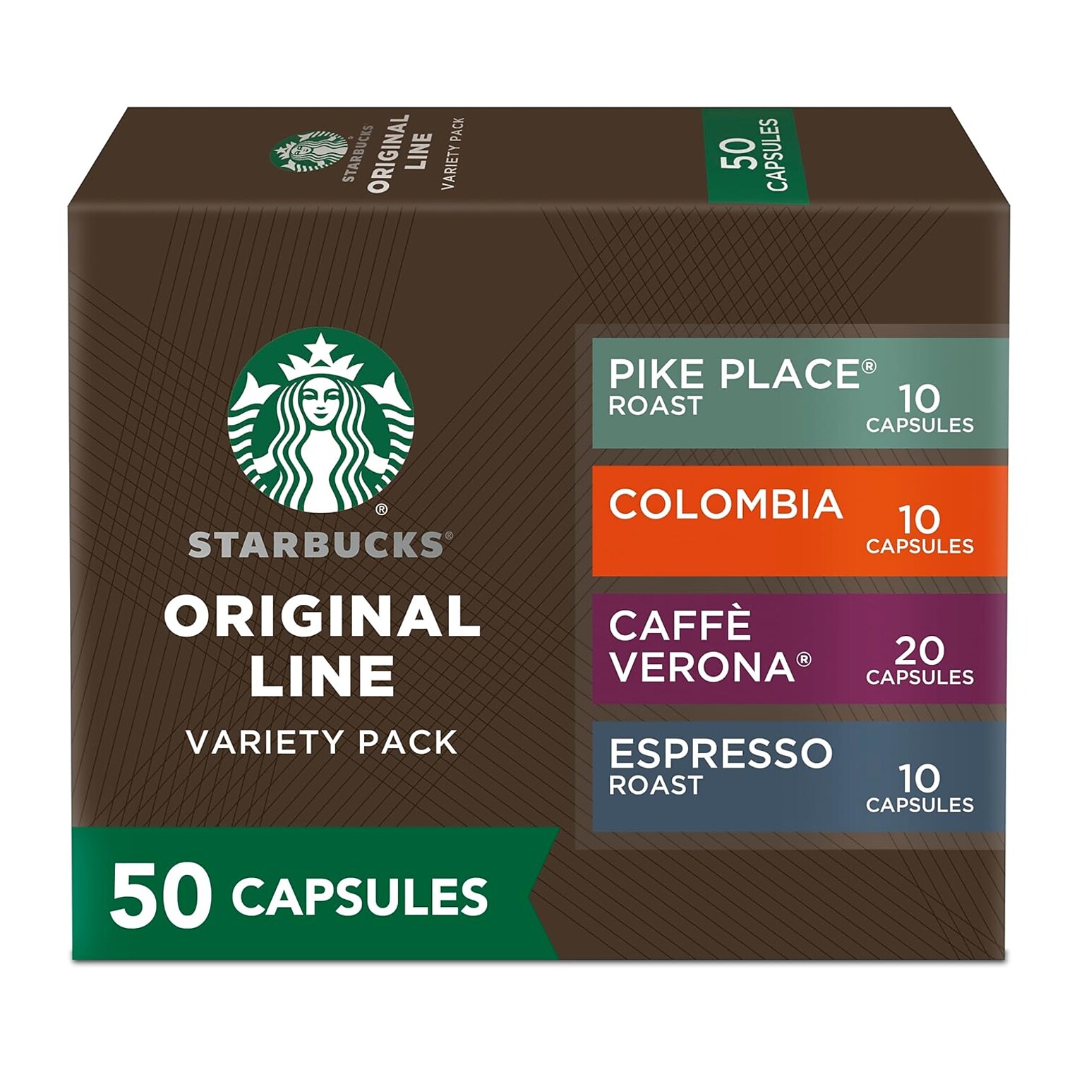 Nespresso Starbucks Original Line Coffee, Variety Pack, 50 Capsules/Box (109045)