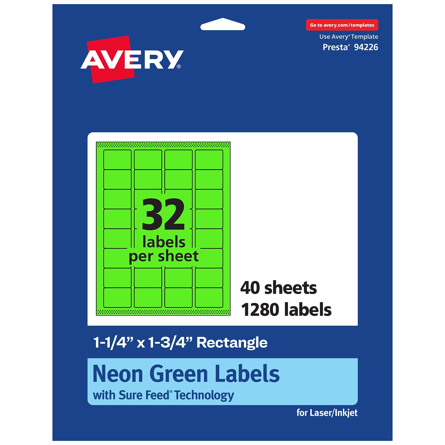 Avery Laser/Inkjet Multipurpose Rectangle Labels, 1.25 x 1.75, Neon Green, 1280/Pack (94226)