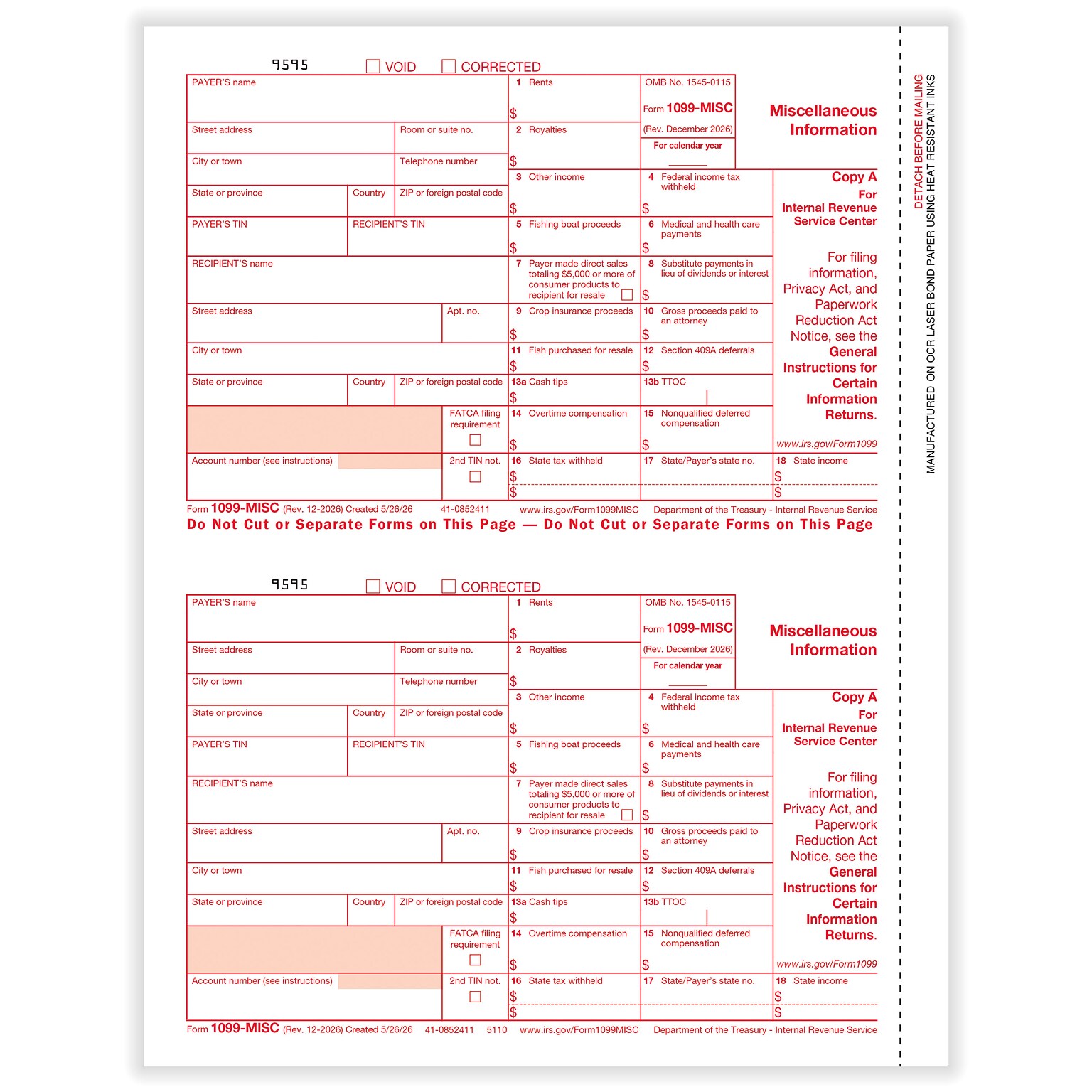 ComplyRight 2026 1099-MISC Tax Form, 1-Part, 2-Up, Federal Copy A, 50/Pack (511050)