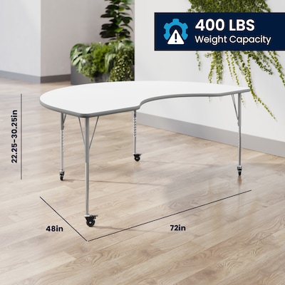 Flash Furniture Wren Kidney Activity Table, 72" x 48", Height Adjustable, White Top/Silver Frame (XUA4872KDWHTAC)