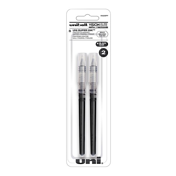 uniball Vision Elite Rollerball Pen Refills, Bold Point, 0.8mm, Black Ink, 2/Pack (61233)