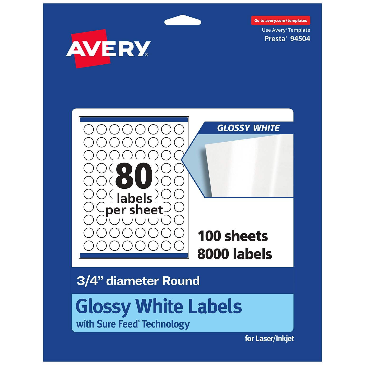 Avery Laser/Inkjet Circle Multipurpose Labels, 0.75  Dia, Glossy White, 8000/Box (94504)