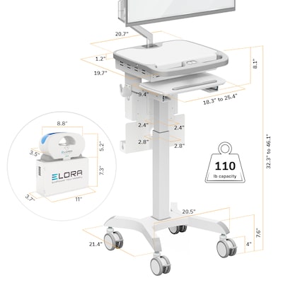 Mount-It! MedHub Powered Height-Adjustable Medical Cart with Monitor Arm, Scanner & Wipes Holders, White/Gray (MI-16065)