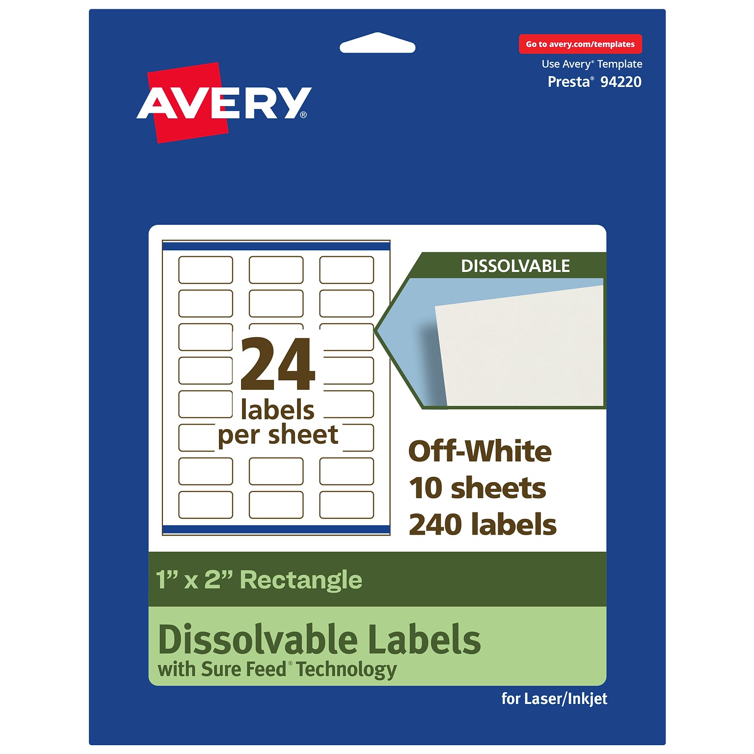 Avery Dissolvable Rectangle Multipurpose Labels, 1 x 2, Off-white, 240/Pack (94220)