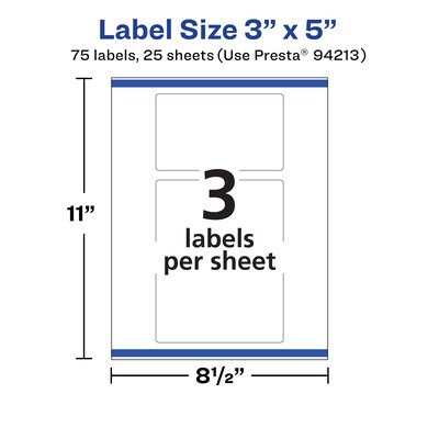 Avery Durable Removable Rectangle Multipurpose Labels, 3" x 5", White, 75/Pack (94213)
