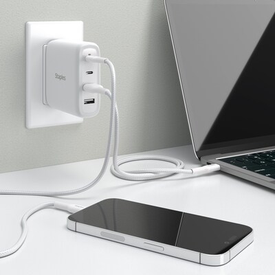 Staples TECH GaN USB-A/USB-C Wall Charger with Cable, 100W, White (ST62314)