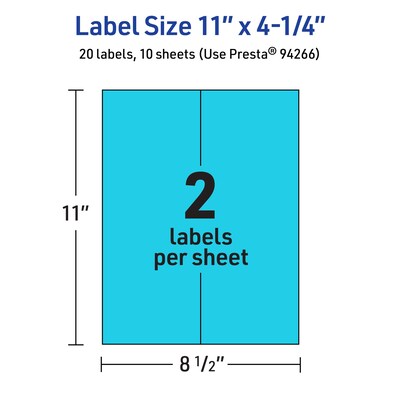 Avery Printable Rectangle Multipurpose Labels, 11" x 4.25", Bright Blue, 20/Pack (94266)