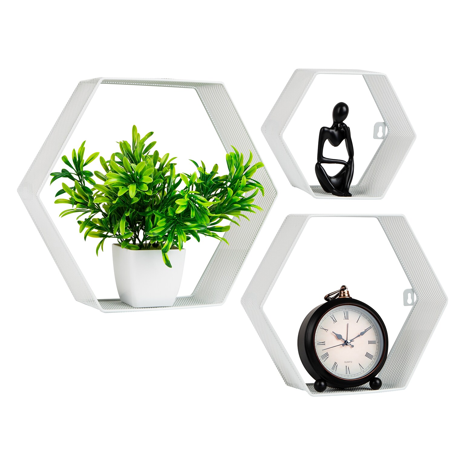 Mind Reader Metal Honeycomb Hexagon Floating Shelves, White, 3/Set (WALL3PC-WHT)