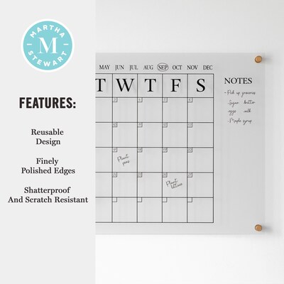 Martha Stewart Grayson Acrylic Black Print Dry Erase Wall Calendar with Notes, 24" x 18" (BRAC4560BKCLRBK)