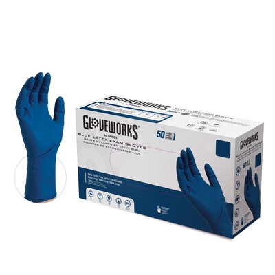 GloveWorks Powder Free Latex Food Safe Exam Gloves, XL, Blue, 50 Gloves/Box (GPLHD88100)