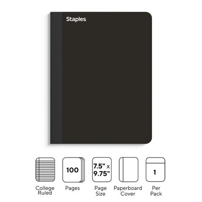 Staples Premium Composition Notebook, 7.5 x 9.75, 100 College Ruled Sheets, Black (TR58342)