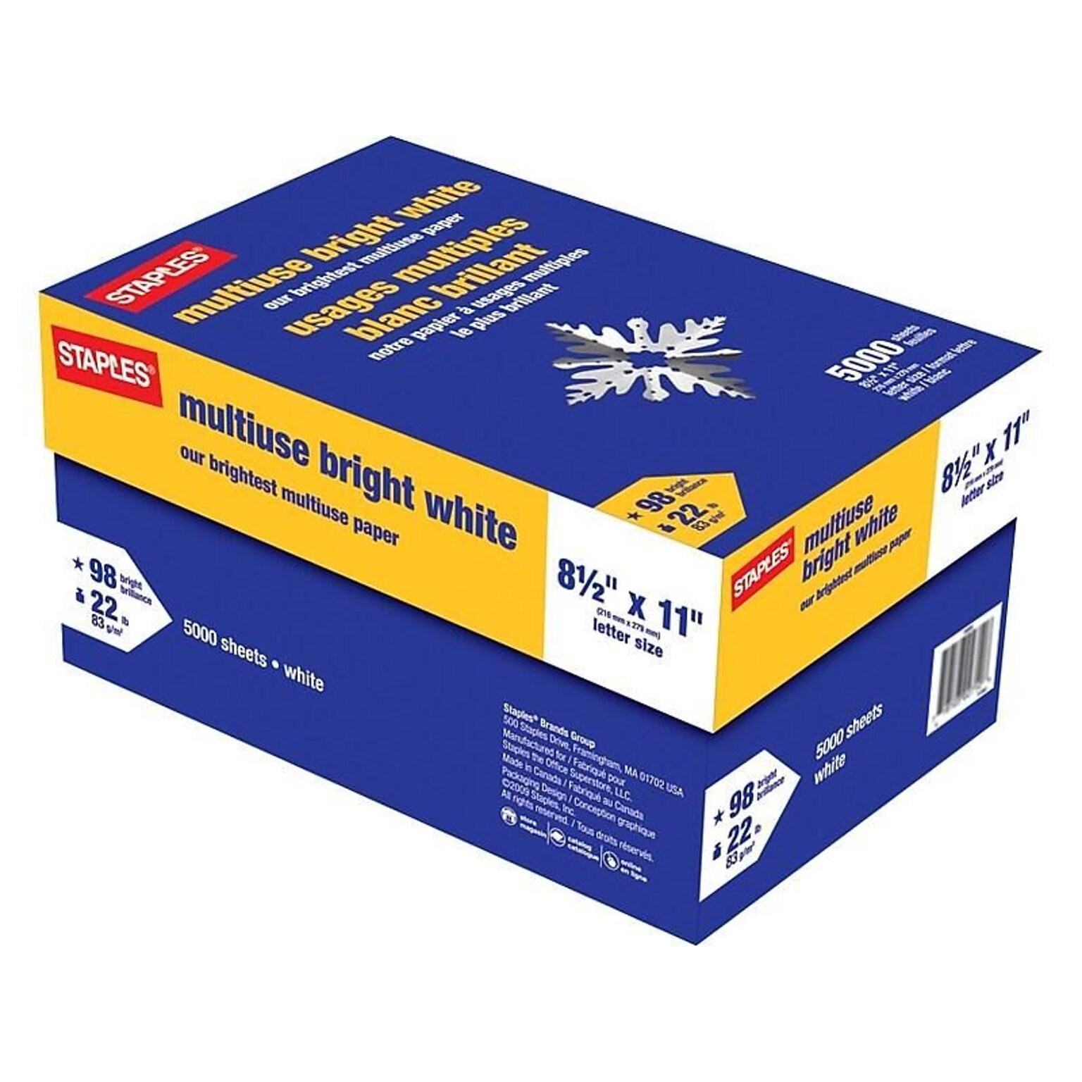 Staples 8.5-Inch x 11-Inch Multipurpose Paper 22 lbs 98 Brightness 500/RM 10 RM/CT