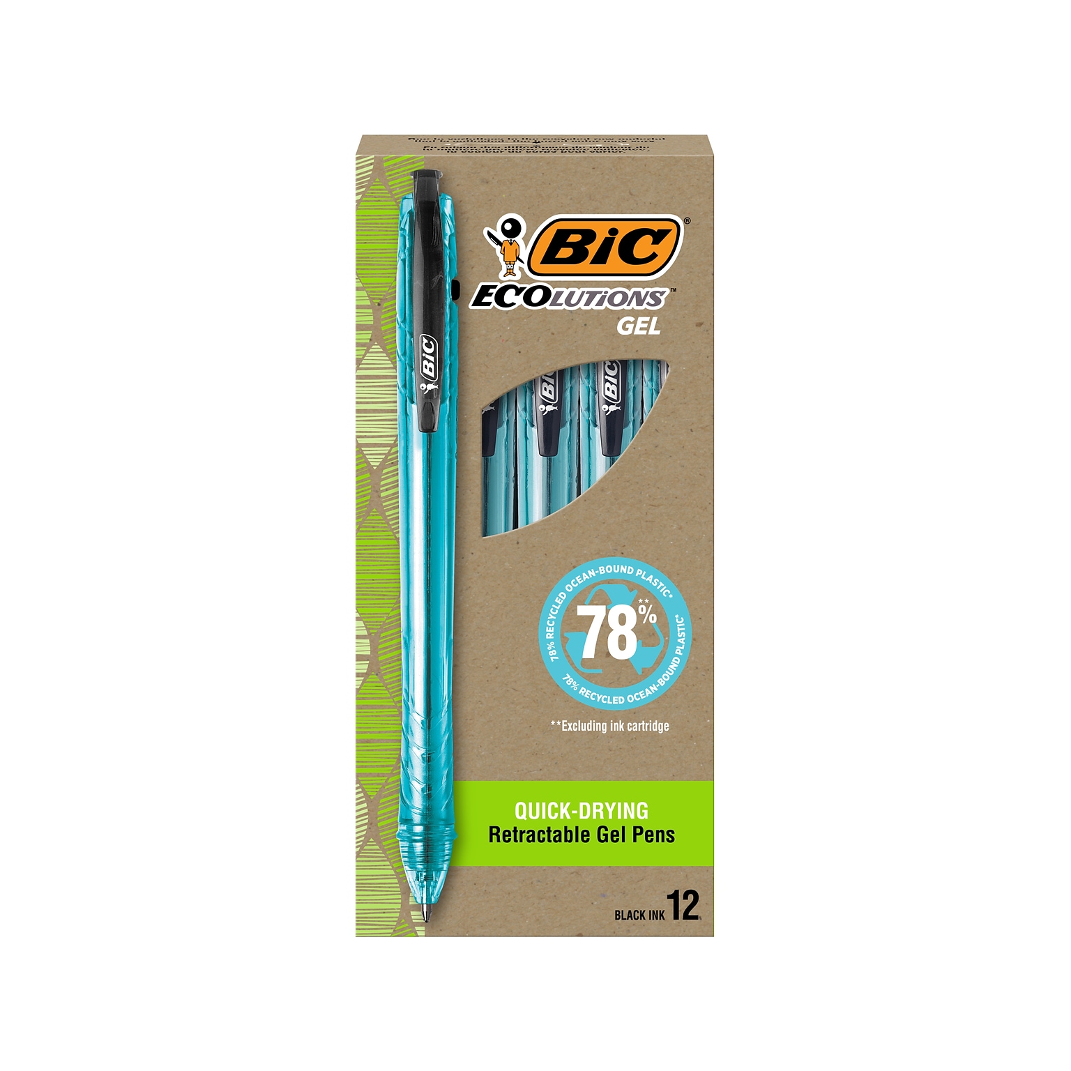 BIC ECOlutions Retractable Gel Pen, Medium Point, 1.0 mm, Black Ink, 12/Pack (RGLE11-BLK)