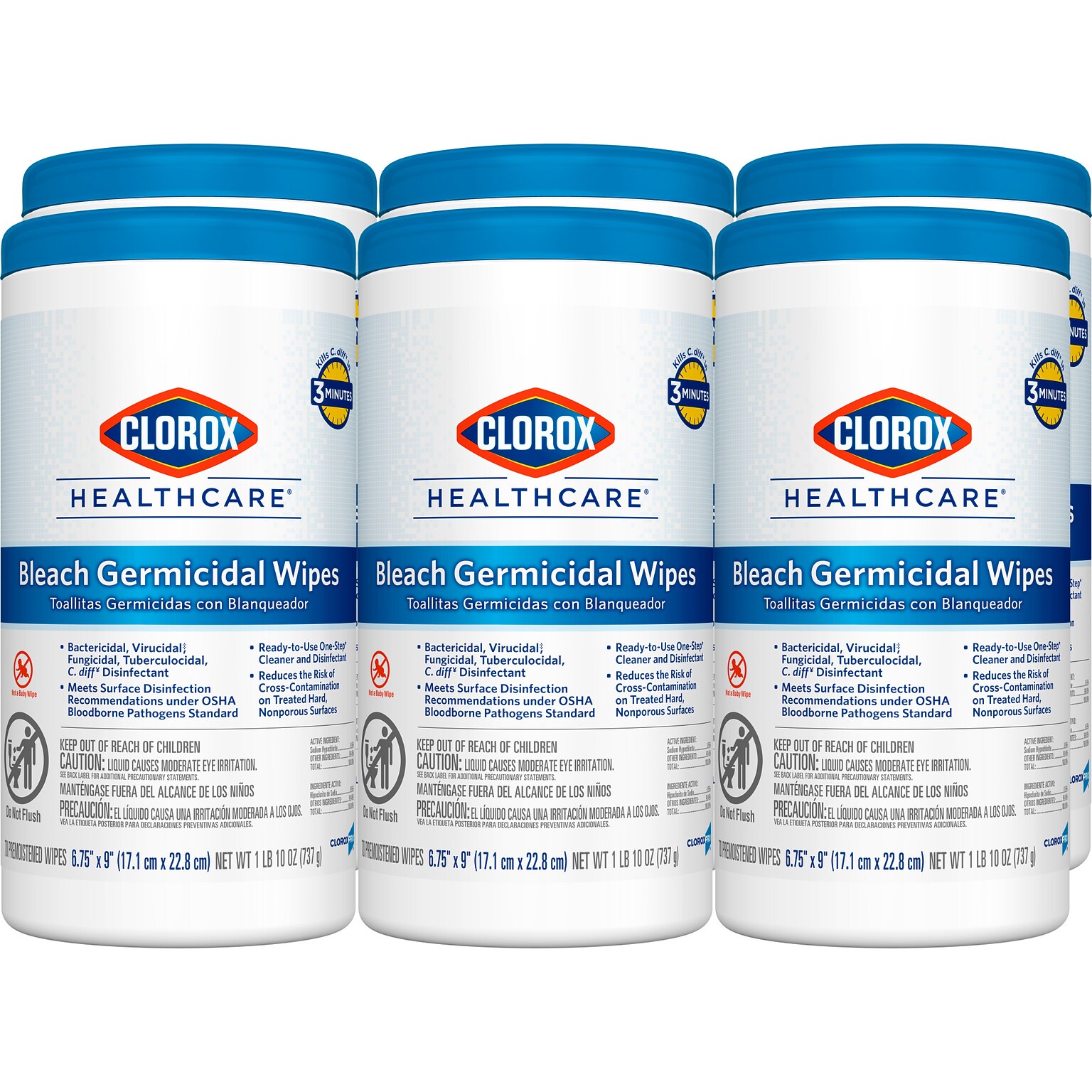 Clorox Healthcare Bleach Germicidal Wipes, 70 Wipes/Container (35309)