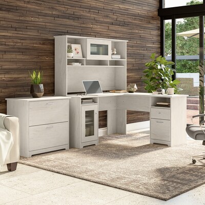 Bush Furniture Cabot 60W L Shaped Computer Desk with Hutch and Lateral File Cabinet, Linen White Oa