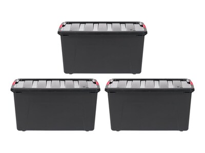 Iris Stack & Pull 72 Qt. Latch Lid Storage Bin, Black/Red, 3/Pack (580108)