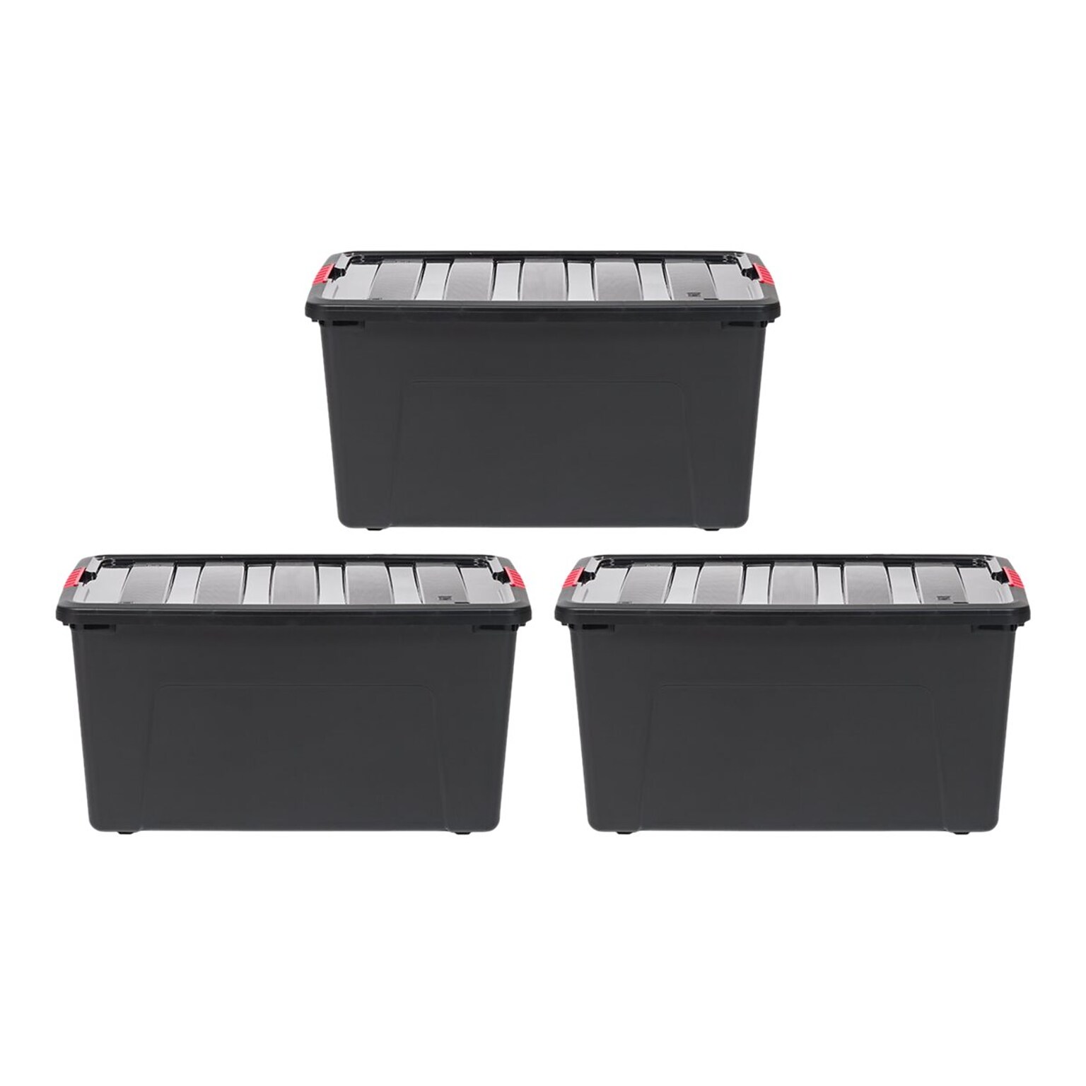 Iris Stack & Pull 72 Qt. Latch Lid Storage Bin, Black/Red, 3/Pack (580108)