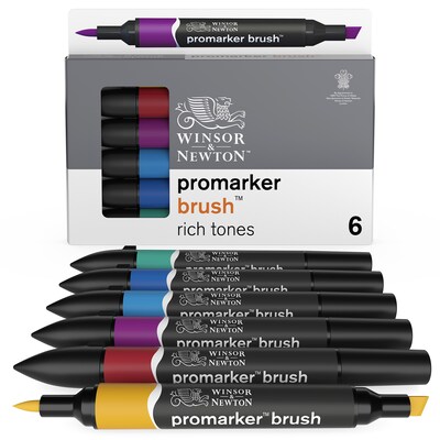 Winsor & Newton Promarker Dual-Tip Brush Alcohol Based Marker, Rich Tones, 6/Pack (WNX0290126)