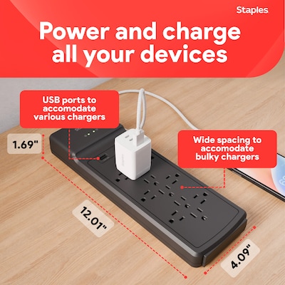 Staples TECH 12-Outlet 2-USB Port Surge Protector, 8', 3900 Joules, Black (ST62774)