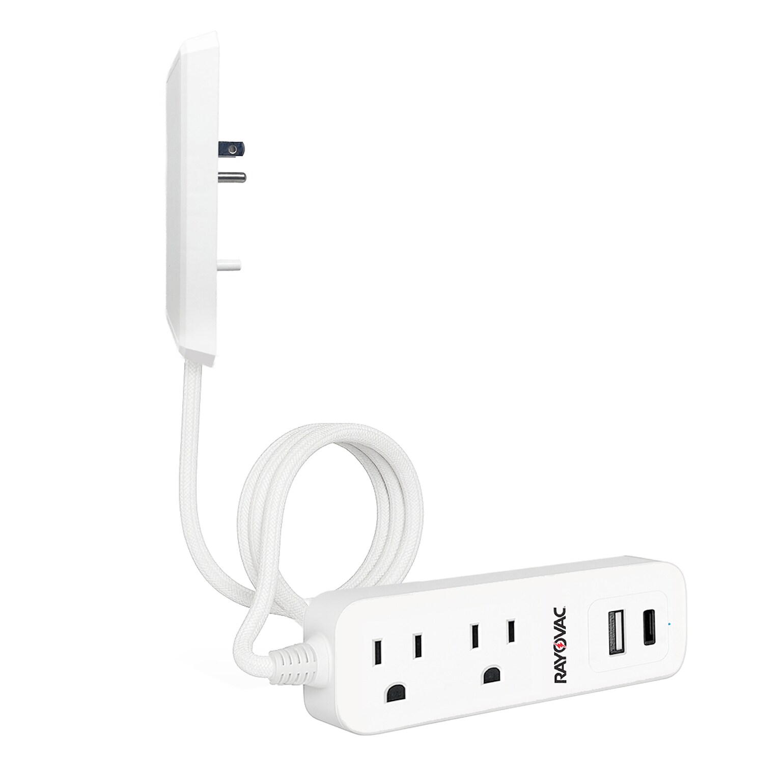 RAYOVAC 2-Outlet 2-USB Port Slim Surge Protector Power Strip with Braided Cord & Flat Plug, 3-ft., 540 Joules, White (SS-P311B)
