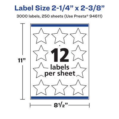 Avery Laser/Inkjet Star Multipurpose Labels, 2.375"  Dia, Matte White, 3000/Box (94611)