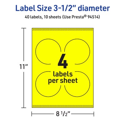 Avery Laser/Inkjet Round Multipurpose Labels, 3.5" Dia., Neon Yellow, 40/Pack (94514)