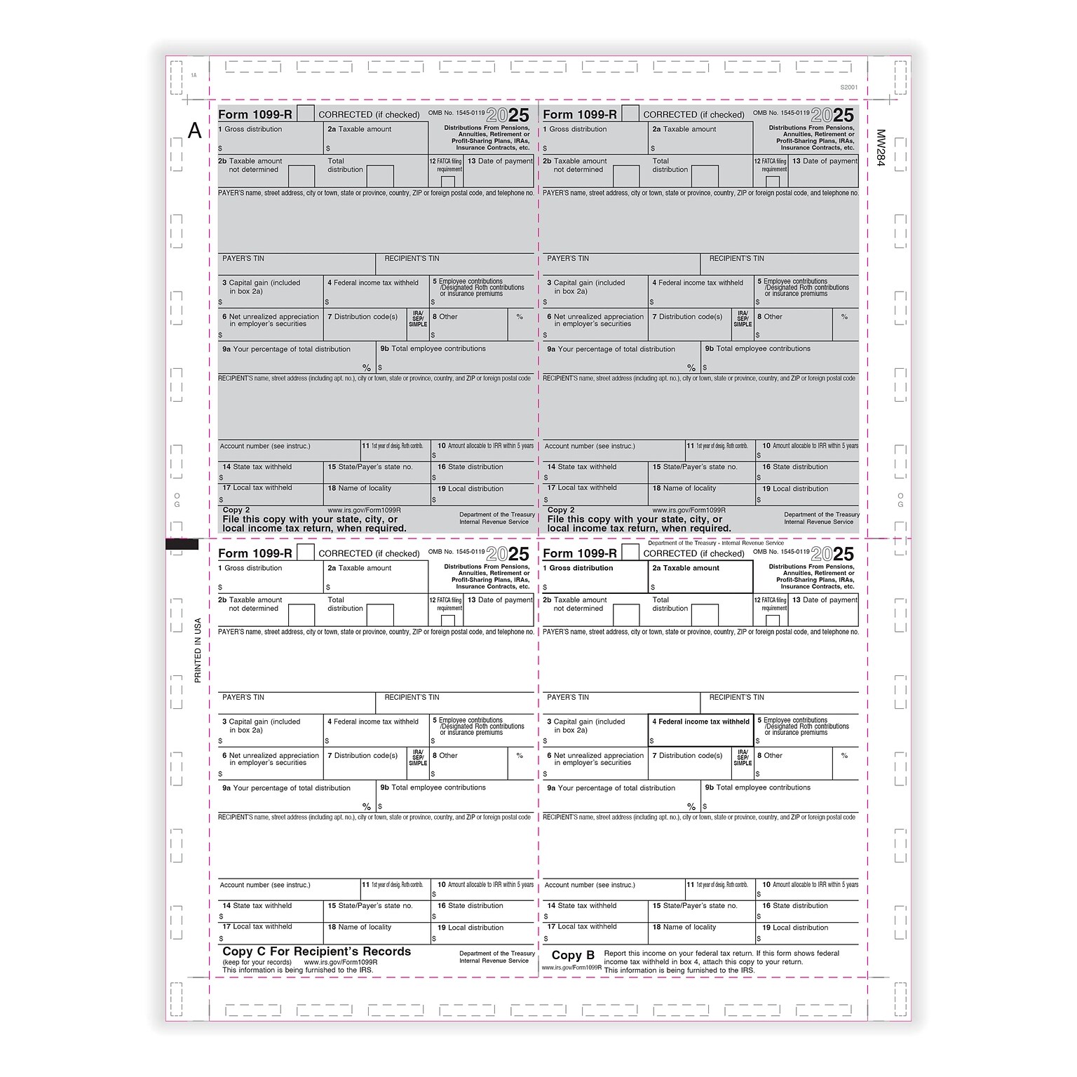 ComplyRight 2025 Pressure-Seal 1099-R Tax Form, 1-Part, 4-Up, 500/Pack (5177B)