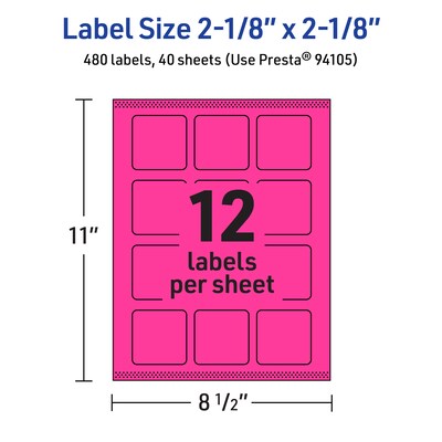 Avery Square Laser/Inkjet Multipurpose Labels, 2-1/8" x 2-1/8", Neon Magenta (480/Box)