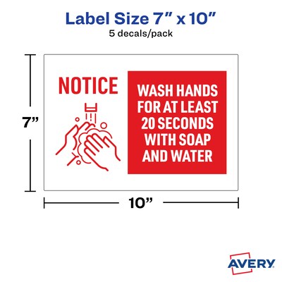 Avery Surface Safe "Wash Hands" Preprinted Wall Decals, 7" x 10", White/Red, 5/Pack (83175)
