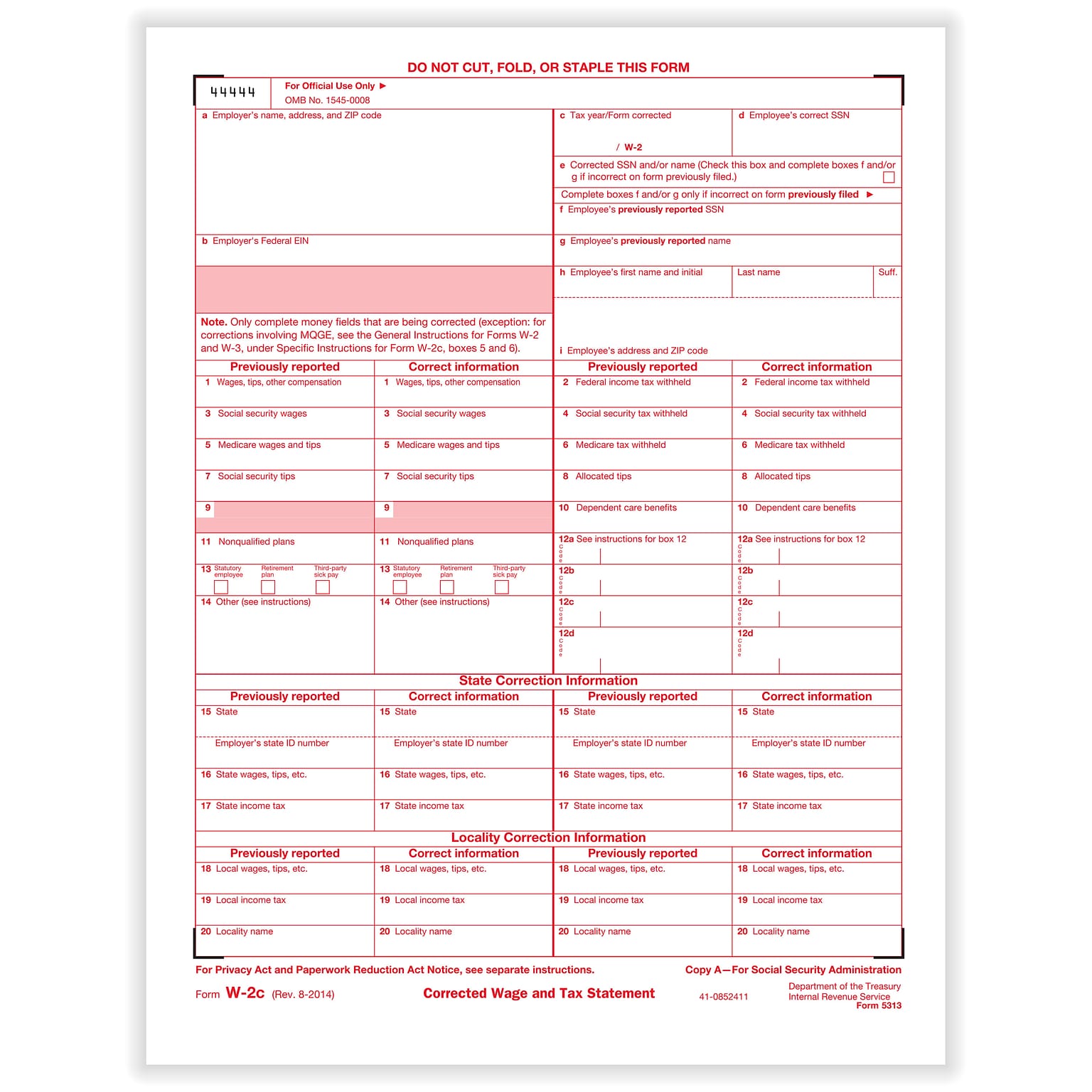 ComplyRight 2023 W-2C Tax Form, 1-Part, Federal Copy A, 50/Pack (531350)