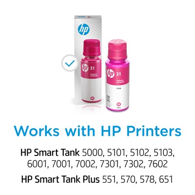 HP 31 Magenta Standard Yield Ink Tank Bottle Refill, Prints Up to 8,000 Pages (1VU27AN)