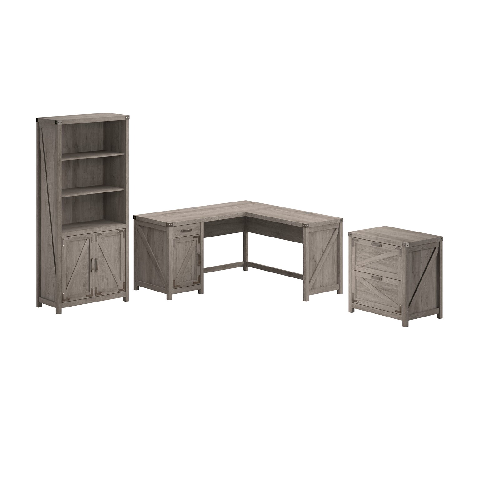 Bush Furniture Knoxville 60W L Shaped Desk with Lateral File Cabinet and 5 Shelf Bookcase, Restored Gray (CGR005RTG)