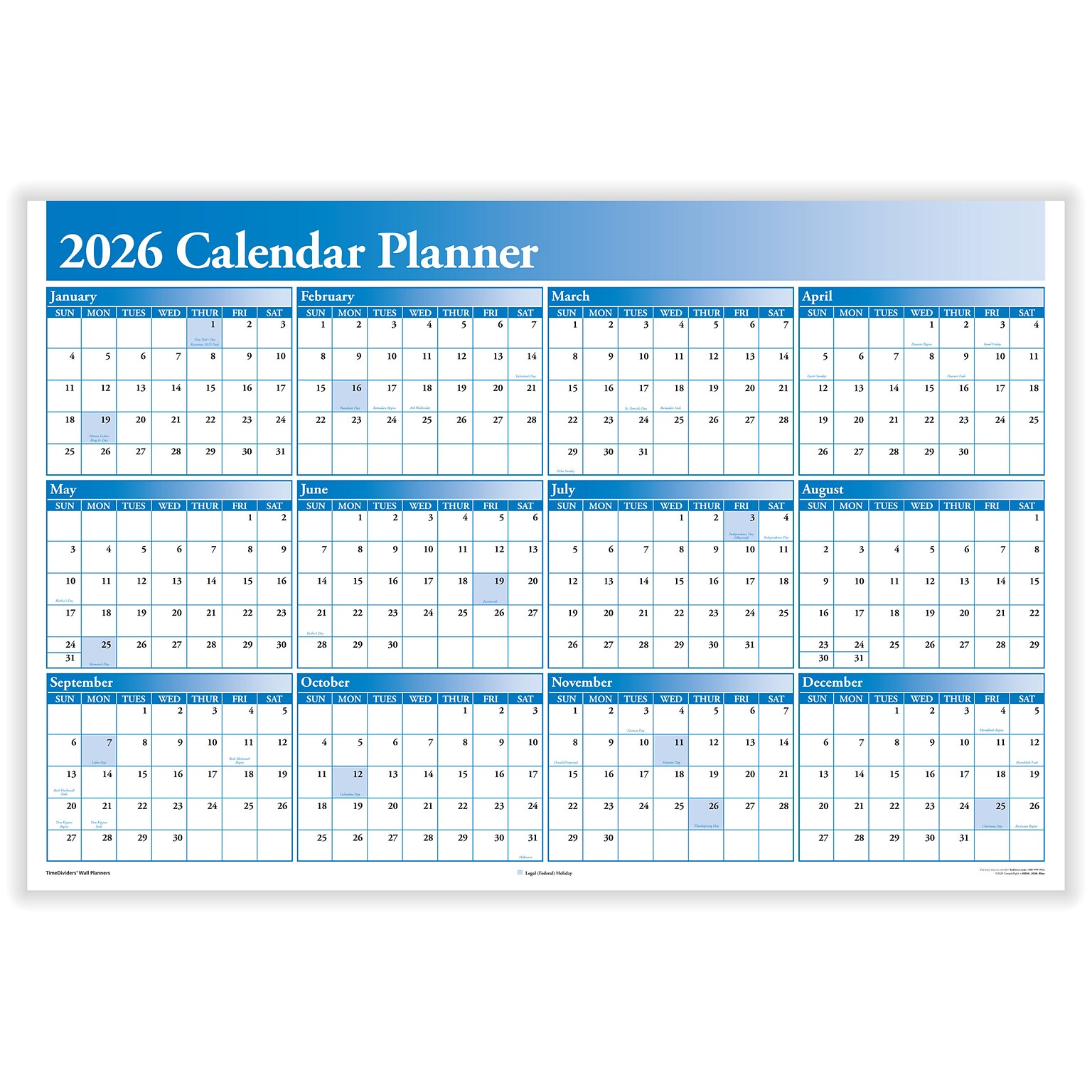 2026 ComplyRight Full Calendar Planner 36 x 24 Yearly Dry Erase Wall Calendar, Blue (J0056BL)
