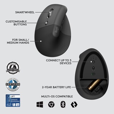 Logitech Lift Left for Business Wireless Left-Handed Vertical Ergonomic Mouse, Graphite (910-006492)