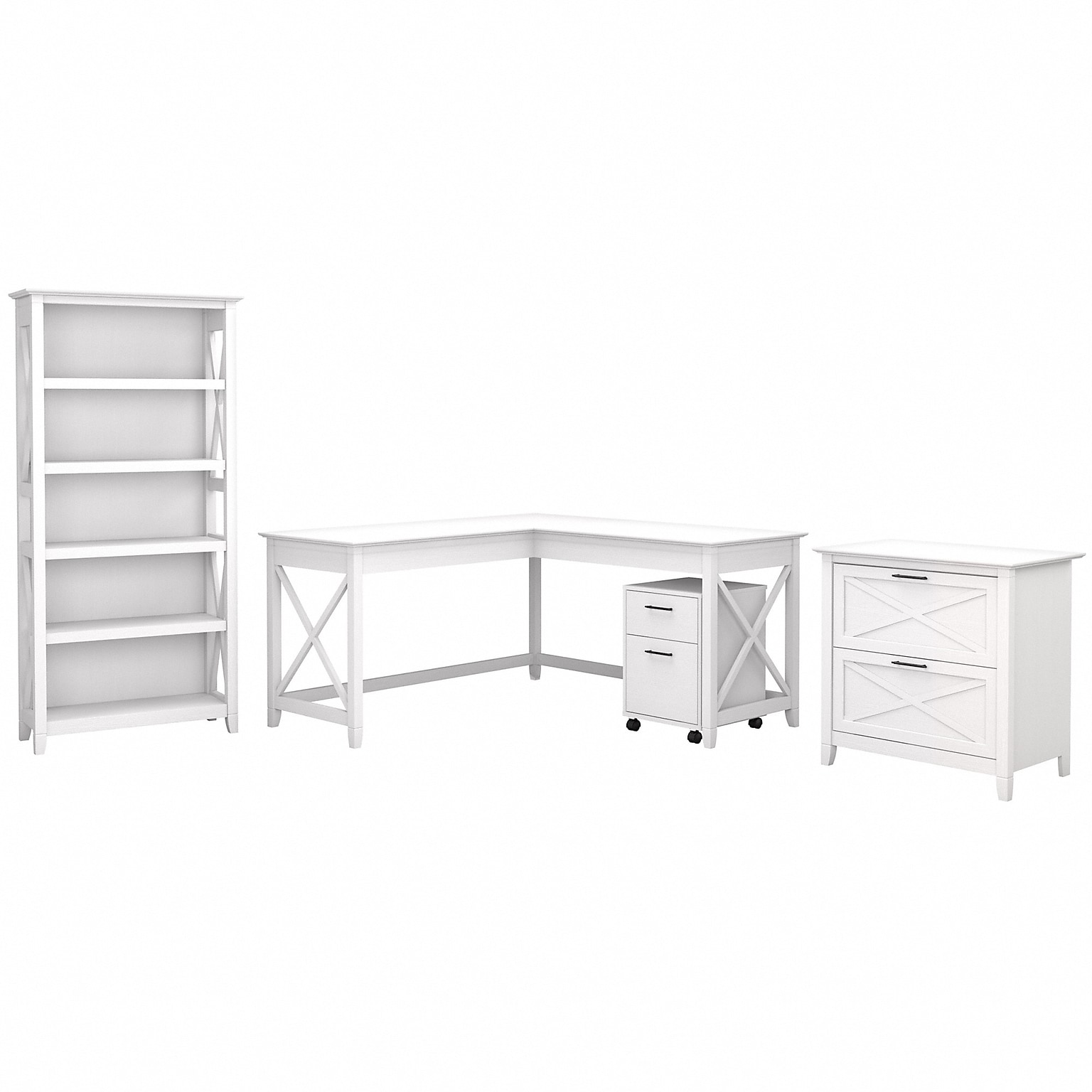 Bush Furniture Key West 60W L Shaped Desk with File Cabinets and 5 Shelf Bookcase, Pure White Oak (KWS017WT)