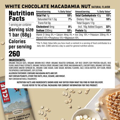 Clif Bar White Chocolate Macadamia Energy Bar, 2.4 oz., 12 Bars/Box (CCC161009)