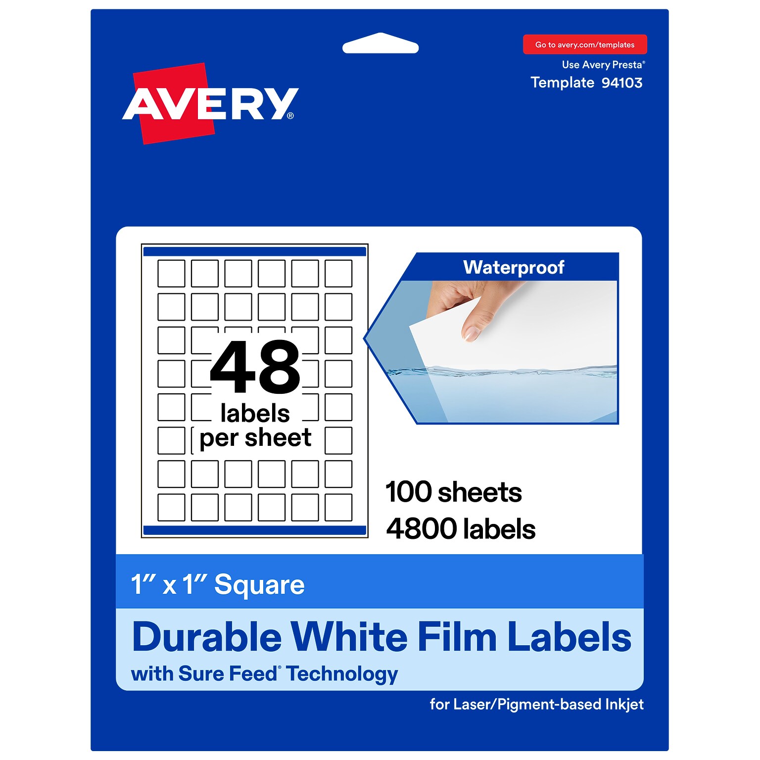 Avery Laser/Inkjet Waterproof Multipurpose Square Labels, 1 x 1, White, 4800 Labels/Box (94103)