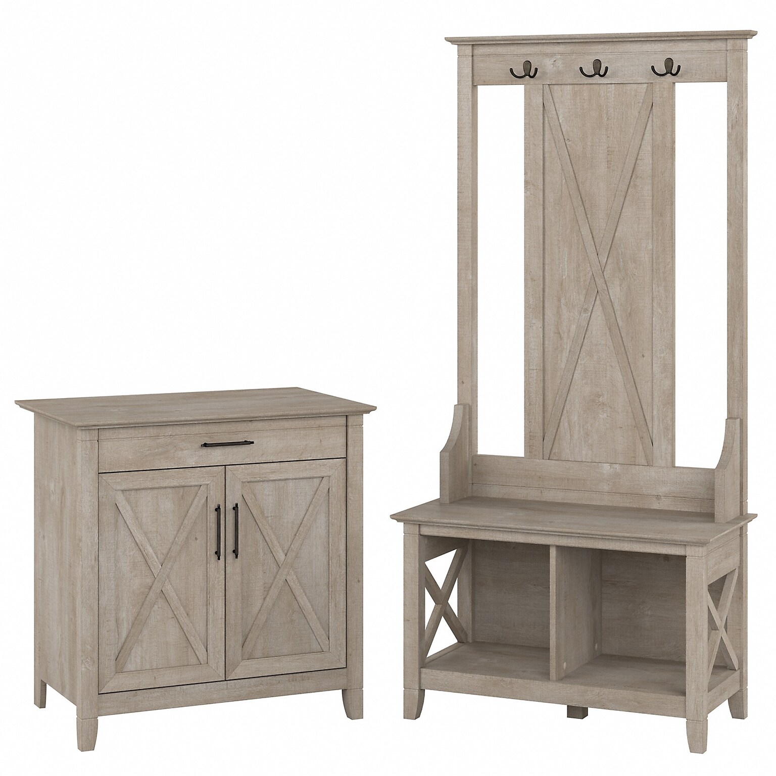 Bush Furniture Key West 66 Entryway Storage Set with Hall Tree, Shoe Bench, and Armoire Cabinet, Washed Gray (KWS055WG)