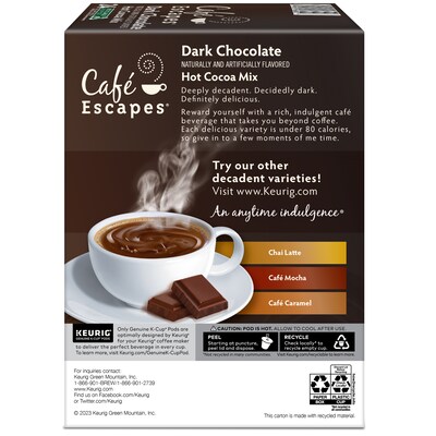 Cafe Escapes Dark Chocolate Hot Cocoa, Keurig® K-Cup® Pods, 96/Carton (6802CT)