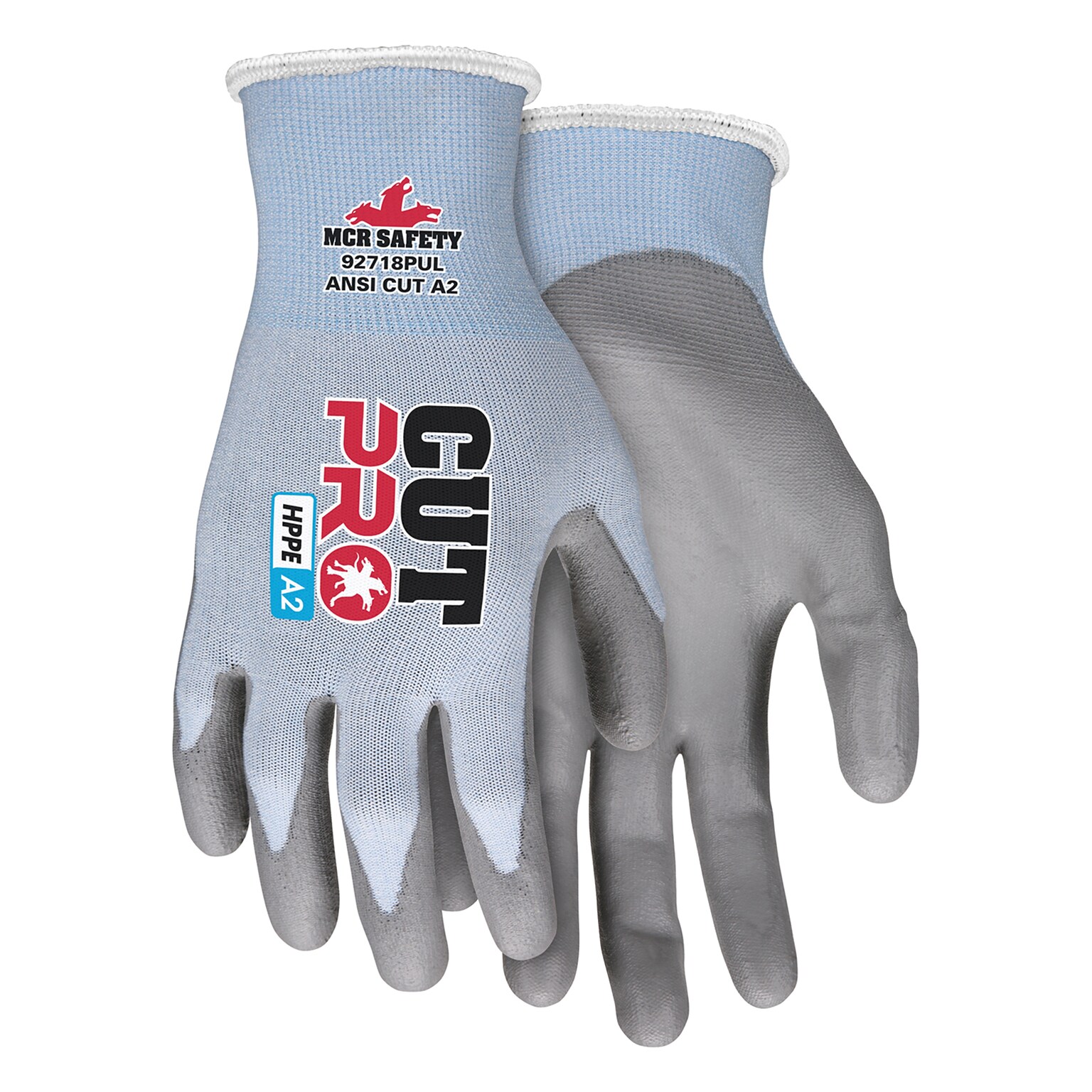 MCR Safety CutPro Polyurethane Cut Resistant HyperMax HPPE Gloves, XL, 18 Gauge, A2 Cut Level, Light Blue/Silver (92718PUXL)