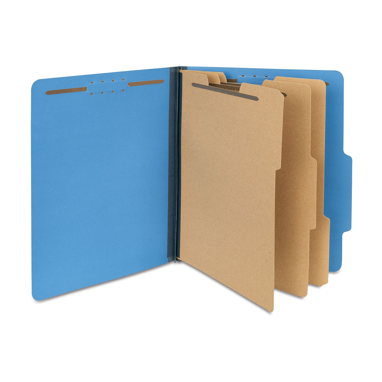 Quill Brand® 2/5-Cut Tab Pressboard Classification File Folders, 3-Partitions, 8-Fasteners, Letter, Blue, 15/Box (744026)