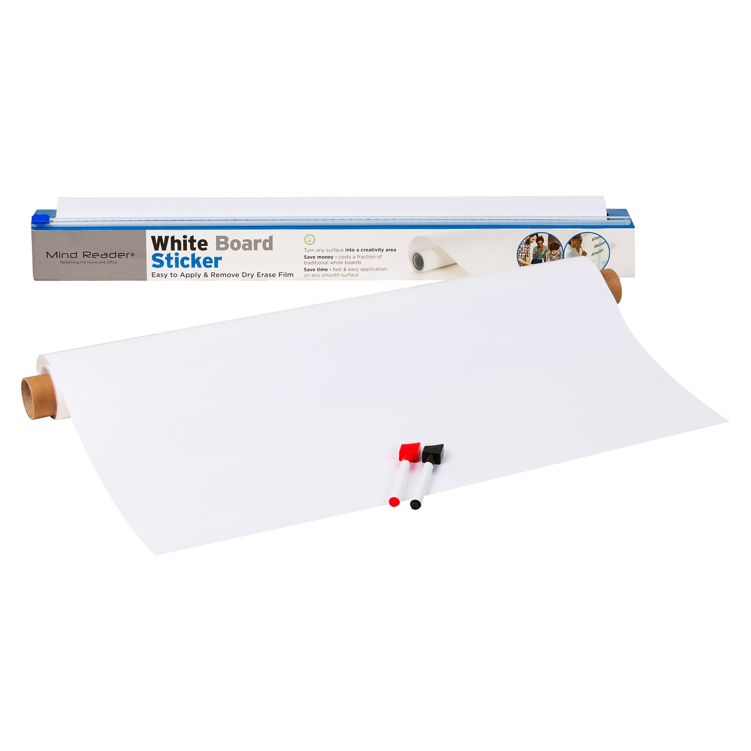 Mind Reader Adhesive Dry-Erase Whiteboard Roll with Dry Erase Markers, 24 x 10 (DWBER-WHT)