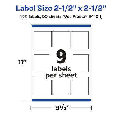 Avery Laser/Inkjet Square Labels, 2.5" x 2.5", Glossy White, 450 Labels/Box (94104)