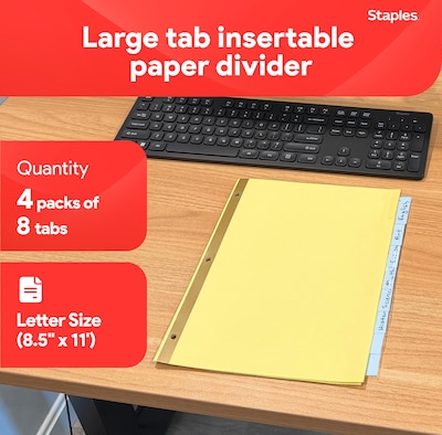 Staples Large Tab Insertable Paper Divider, Clear, 8-Tabs, 4 Sets (13516/14482)